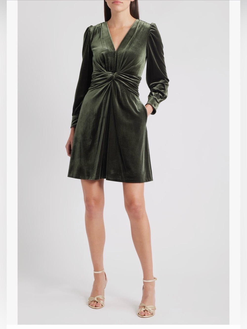 NWT VINCE CAMUTO Olive Green Velvet Twist-Front Long Sleeve Fit and Flare Dress